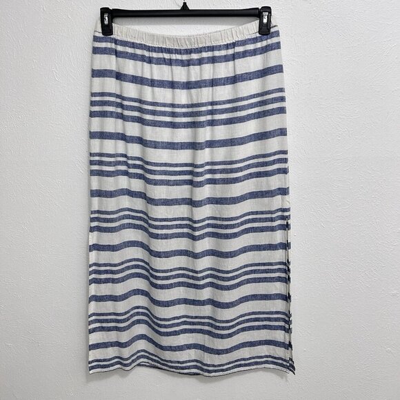 Old Navy Linen Blend Maxi Skirt Blue White Double Side Slit Sz L Coastal, Beach - Picture 1 of 9